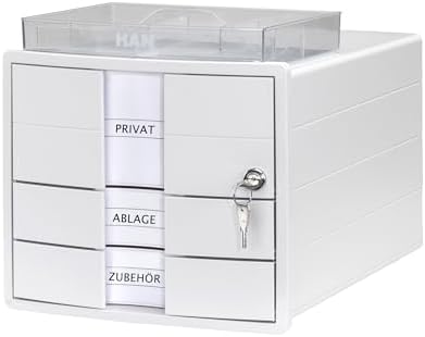 HAN IMPULS 2.0 Drawer Box Lockable with 3 Closed Drawers for DIN A4/C4 Including Labelling Labels, Document Box, Base with Pull-Out Lock, Furniture-Friendly Rubber Feet, 1018-12, White