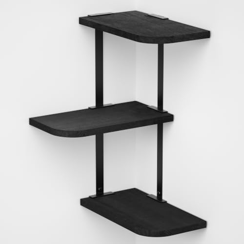 Love-KANKEI Corner Wall Shelf 3 Tier,Solid Wood with Bracket,17" Tall,Black
