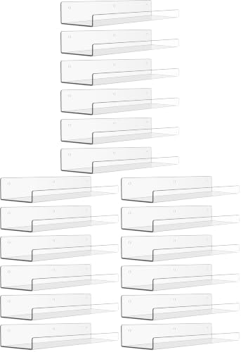upsimples 18 Pack Acrylic Shelves for Wall Storage, 15" x 4“ Floating Bookshelves for Kids, Display Shelf Organizer for 