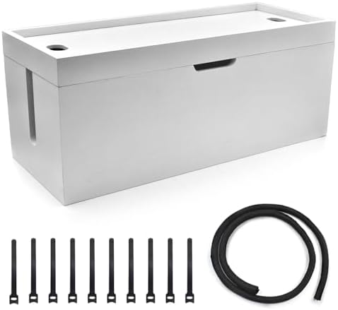 15 Inch Bamboo Large Cable Management Box, White Cord Organizer