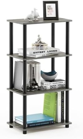 Furinno Turn-N-Tube No Tool 4-Tier Storage Shelf, Narrow, French Oak Grey/Black