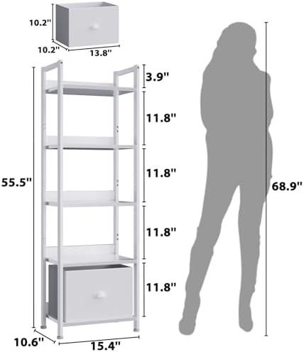 Furologee 5 Tier Bookshelf with Fabric Drawer, Tall Narrow Bookcase, White