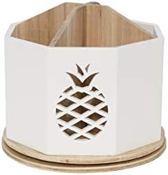 Spinning Desktop Stationary Organizer – Decorative Wooden Rotating Pen and Pencil Cup – 4 Compartment White Desk and Table Top Office Supplies Station with Pineapple Cutout - by Designstyles