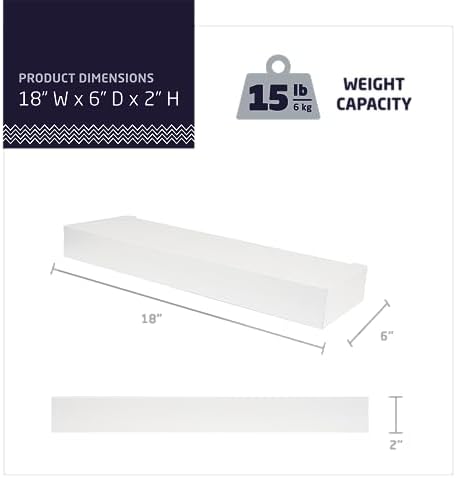 HIGH & MIGHTY 515651 Modern 18" Floating Shelf Holds up to 15lbs, Easy Tool-Free Dry Wall Installation, Flat, eCommerce 