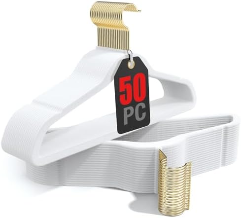 Korpai 50 Pack White Velvet Hangers,Felt Hangers with Gold 360°Swivel Hook,Coat Hanger Non Slip,Heavy-Duty,Space Saving,Slim Clothes Hangers for Pants,Outfit,Skirts,Suits,Coats,Dresses ect.