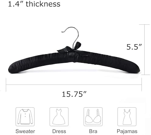 Black Satin Padded Sweater Hangers 10 Pack, Blouse Hanger with Thick & Soft Foam for Bridal Wedding Dress Lingerie, Smoo