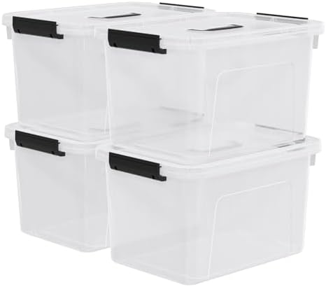 Quickquick 18 Quart Plastic Clear Latching Storage Bin with Handle, 4 Packs