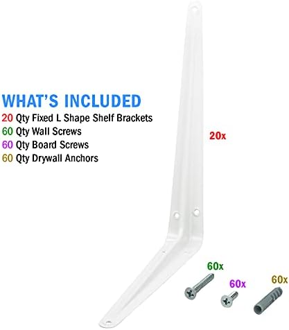 Nuk3y L Shape Heavy Duty Shelf Bracket with Screws, 20 Pack (10"" x 12"", White)