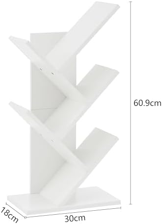 Hoctieon 4 Tier Tree Bookshelf, 4 Shelf Bookcase, Free Standing Tree Bookcase, Display Floor Standing Shelf for Books, B