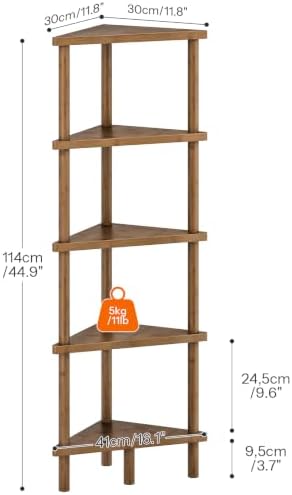 HOOBRO Corner Shelf Stand, 5-Tier Bamboo Corner Bookshelf, Plant Display Shelf, Corner Bookcase, Multipurpose Shelving U