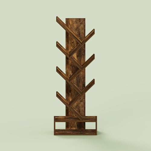 Ipoh Tree Book Shelf, 7-Tier Tree Bookcase, with Bottom Shelf, for Narrow Space, Books, CDs, Magazines, Rustic Brown