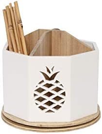 Spinning Desktop Stationary Organizer – Decorative Wooden Rotating Pen and Pencil Cup – 4 Compartment White Desk and Table Top Office Supplies Station with Pineapple Cutout - by Designstyles