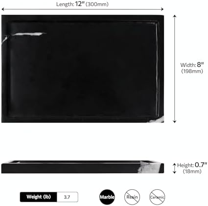 Black Large Marble Tray, 12 Inch Marble Vanity Tray for Bathroom Countertop