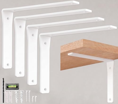 4 Pack Heavy Duty White Shelf Brackets 10 Inch by Balin Designs – Decorative L Bracket for Shelves, Metal Shelf Support 