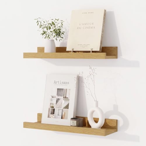 Dreamland Picture Ledge Shelf for Wall, Floating Shelves Set of 2,16 inch Long Floating Shelves with Lip for Living Room,Bedroom,Bathroom,Kitchen,Oak