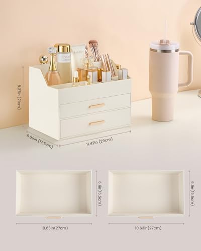 Lolalet Makeup Organizer for Vanity Desk, 3-Layer PU Leather Luxury Make Up Storage Cosmetics Holder Box with Drawers -B