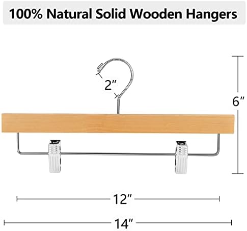 AMKUFO 20pcs Wooden Pants Hangers Solid Pants Hanger with Adjustable Clips 14 Inch Natural Wood Skirt Hangers Trousers Bottom Hanger with Non-Slip Clips and 360° Swivel Hook