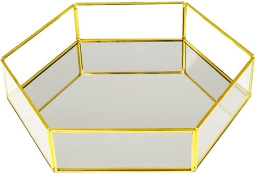 Hexagon Vintage Gold Mirror Glass Vanity Tray,Ornate Geometric and Brass Plated Display Storage Organizer for Makeup Bru