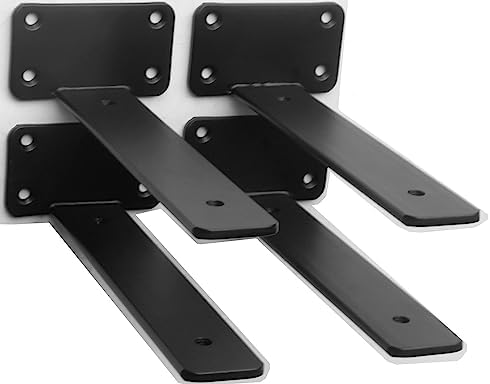 4 Pack - 8 inch Black Hidden L Shelf Bracket (1/5 Inch Thicked) Iron Floating Shelf Brackets Rustic Industrial Metal Bra