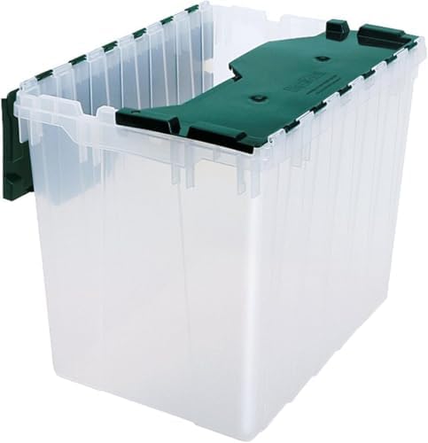 Akro-Mils KeepBox 18 Gal Storage Box, Lid Attached, Stackable, Clear/Green