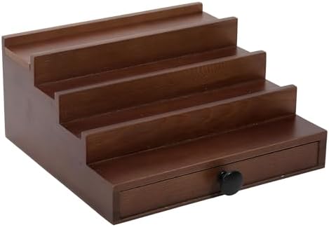 4 Tier Men's Cologne Organizer, Walnut Brown Wood Display Stand with Drawer