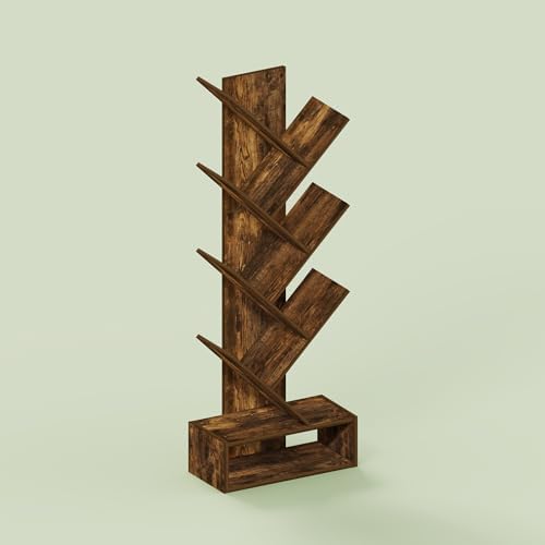 Ipoh Tree Book Shelf, 7-Tier Tree Bookcase, with Bottom Shelf, for Narrow Space, Books, CDs, Magazines, Rustic Brown