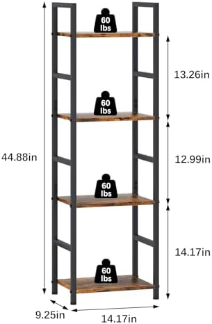 4 Tier Bookshelf, Narrow Storage Organizer for Small Space, Brown