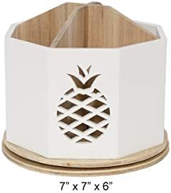 Spinning Desktop Stationary Organizer – Decorative Wooden Rotating Pen and Pencil Cup – 4 Compartment White Desk and Table Top Office Supplies Station with Pineapple Cutout - by Designstyles