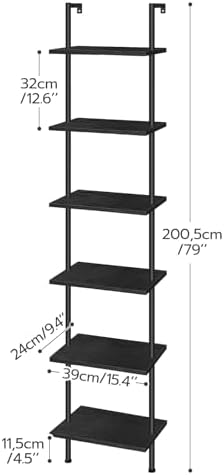 HOOBRO DIY Ladder Shelf, 6-Tier Wooden Wall Mounted Bookshelf, Narrow Bookcase, Display Shelf, Storage Rack, Plant Stand