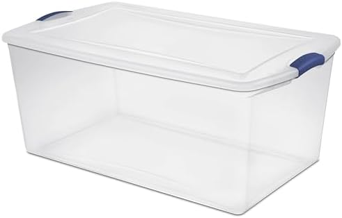 105 Qt. Plastic Storage Bin with Durable Lid, Stackable and Nestable Clear Tote Container Featuring Blue Buckles, Ideal 