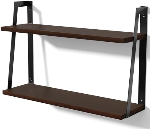 SRIWATANA Dark Walnut 2-Tier Floating Shelves, Wood Wall Storage Shelf Unit