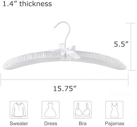 Satin Padded Clothes Hangers 5 Pack, White, No Shoulder Bump