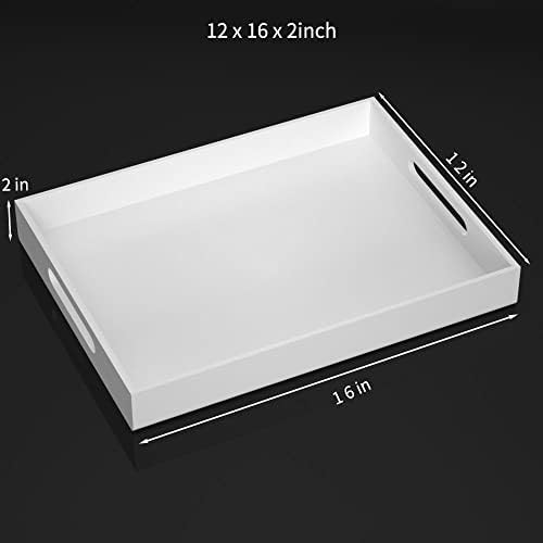 NIUBEE Acrylic Serving Tray 12x16 Inches -Spill Proof- White Decorative Tray Organiser for Ottoman Coffee Table Countert