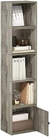 Furinno LUDER Book Shelf, 5-Tier Modern Bookshelf, Bookcase with 1 Door Storage Cabinet, 9.3 x 12 x 52, for Organization