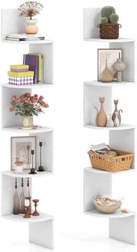 GOFLAME Corner Shelf Wall Mounted Set of 2, 5-Tier Floating Corner Bookshelf, Wood Plant Stand, Modern Floating Display 