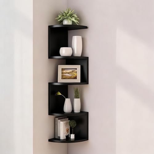 No-Drill Corner Shelf Wall Mount, 5-Tier Thickened Floating Bookshelf with Hooks, Space-Saving Zigzag Plant Shelf for Be