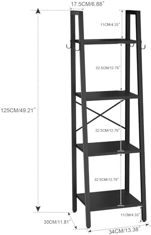 YMYNY 4 Tiers Ladder Bookcase, Industrial Narrow Bookshelf, Open Display Rack with 4 S Hooks, Metal Storage Shelves for 