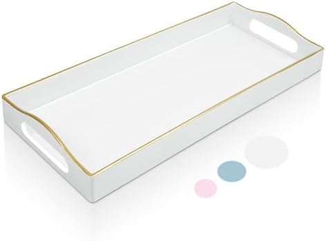 Gifturbo White Bathroom Vanity Tray,Gold Edged Decorative Tray with Handles, Small Rectangular Counter Tray for Perfume,