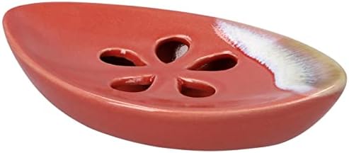 Ceramic Soap Dish with Self Draining Tray for Bathroom, Kitchen (Pastel Red), 6.25 x 3.75 x 1 inches (LxWxH) (1111)