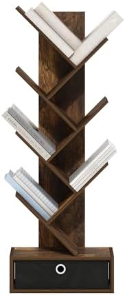 Furinno Tree Book Shelf, 7-Tier Bookshelf, Tree Bookcase with Bin Drawer, 8.4 x 16.9 x 46.2, for Living Room, Bedroom, H