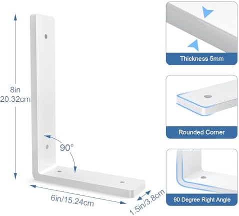Heavy Duty Shelf Brackets, 4 Pack 8 Inch White L Metal Shelving Brackets, 5mm Thick Rustic Shelf Support Bracket for DIY