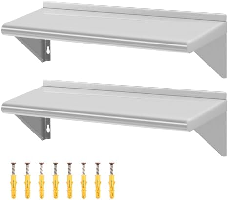 8.6" D x 24" W Stainless Steel Wall Mounted Shelves, 2 Packs Floating Shelving with Brackets, Commercial Shelf Perfect f