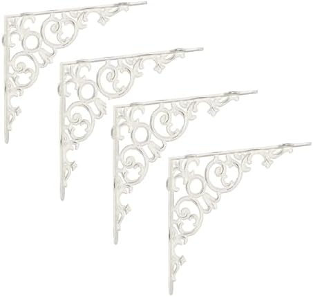 NACH Metal Shelf Brackets, Small Shelf Brackets for Wood Shelves Set of 4, Antique White Cast Iron Wall Shelf Support, V