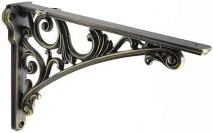 Decorative Shelf Bracket 10 inch, Brushed Antique Brass Brackets for Shelving, Heavy Duty Vintage, DIY Projects, Hardwar