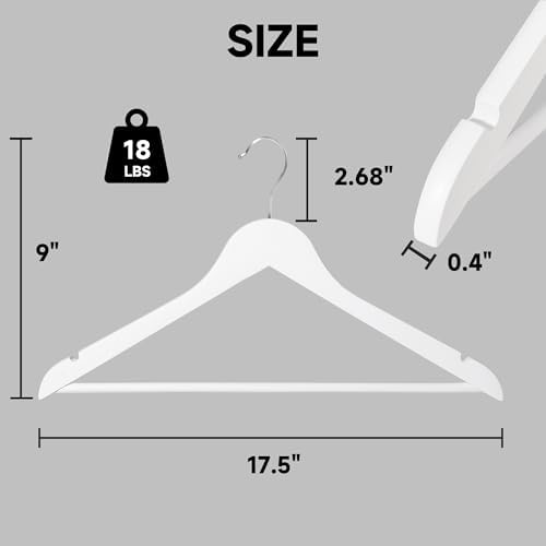 Wooden Clothes Hangers with Pants Bars, White, 96-Pack