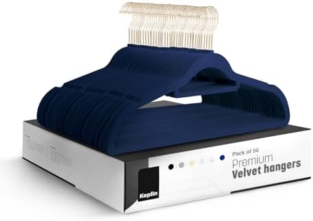 KEPLIN Velvet Hangers 50 Pack (41.5cm) - Non-Slip Clothes Coat Hangers with Tie Bar and 360 Degree Hook for Home Storage Durable, Sturdy & Space Saving Wardrobe (Navy Blue, 50 Pack)