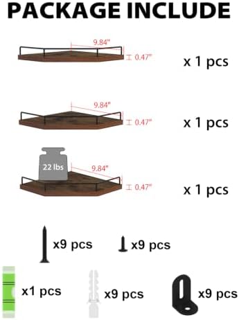HORLIMER Set of 3 Floating Corner Shelf Wall Mount with Fence, Brown