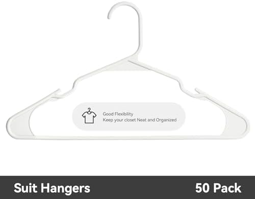 Plastic Hangers - 50 Pack, Space Saving, Durable, White Hangers for Everyday Use and Dorm Room Essentials