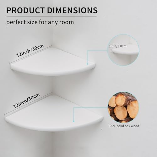 Corner Shelves, White Floating Corner Shelf, Set of 2 12inch Solid Oak Wood Wall Shelves, Round End Wall Mount with Wire