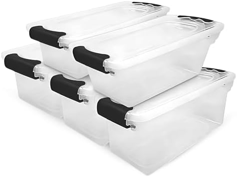 HOMZ Clear Plastic Storage Bins w/Latching Lid, 7.5 Qt, Gray Latch, 5 Pack